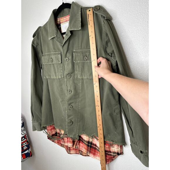 NWT Redemption Handmade Distressed Olive Military Shirt with Plaid Hem 44 / M - Picture 6 of 14